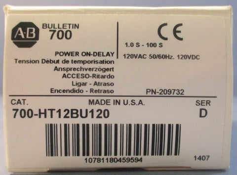 Allen Bradley 700HT12BU120 Time Delay Relay 120VAC/DC Input 1.0 S  100 S