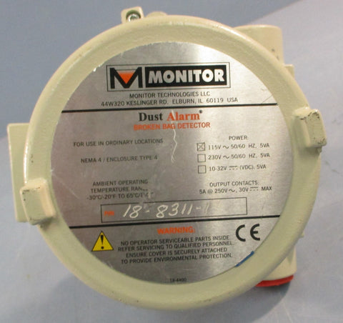 Monitor Technologies 18-8311-1 Dust Alarm Broken Bag Detector 115VAC Power