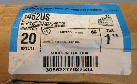 19 Crouse Hinds 1452US EMT Set Screw Type Connector 1" Zinc Plated Steel NIB