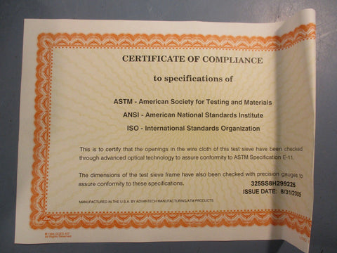 VWR 57334596 #325 U.S. Standard Testing Sieve 8" Dia 0.032mm Wire Dia
