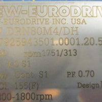 Sew Eurodrive R27 DRN80M4/DH Gearmotor 1.0HP 1751/313RPM 1" Shaft Dia