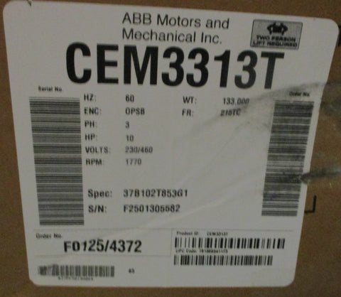 ABB Baldor CEM3313T 3-Phase Motor 10HP 1770RPM 230/460V 1-3/8" Shaft Dia