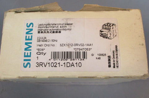 Siemens 3RV1021-1DA10 Circuit Breaker Sirius 2.2-3.2 A, GB14048.2/50 Hz
