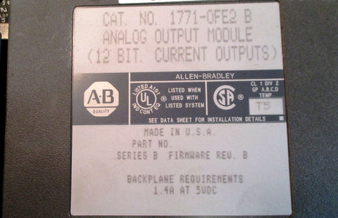 Allen Bradley 1771OFE2/B Analog Output Module 1.4A Max @ 5VDC, Series B Used