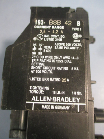 AllenBradley BiMetallic Overload Relay  193BSB 42