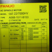 Fanuc A06B-1511-B153 AC Spindle Motor 3 Ph, 22 kW Cont, 1500-6000 RPM NIB