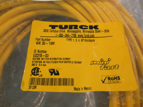 TURCK WK30-15M MINIFAST QUICK DISCONNECT CORDSET U2315-03, 600V