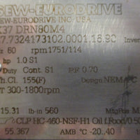 Sew Eurodrive K37 DRN80M4 3PH Motor 1HP 1751RPM 60Hz 1/2" Shaft Dia