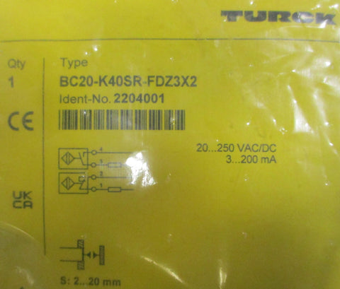 Turck BC20K40SRFDZ3X2 Capacitive Proximity Sensor 20250VAC/DC 3200mA S: 220