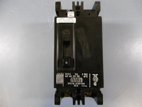 WESTINGHOUSE CIRCUIT BREAKER FB2015 4975D71G18 2 POLE 15 AMP 600 VAC - Used