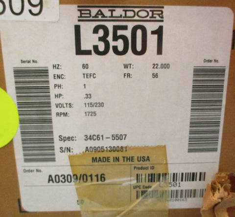 Baldor L3501 Single Phase Motor 34C61-5507 .33HP 115/230V 1725RPM 5/8" Shaft Dia