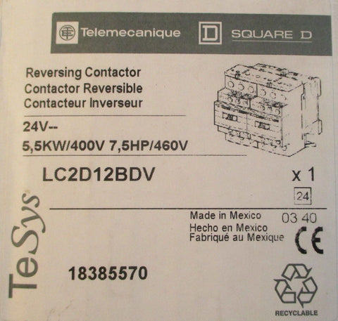 Telemecanique Square D LC2D12BDV Reversing Contactor 18385570 24VDC 600VAC 25A