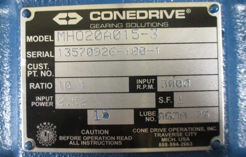 Cone Drive MHO20A015-3 Gear Reducer 10:1 Ratio, 2.52 HP, 3000 RPM Input New