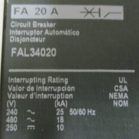 Square D FAL34020 Circuit Breaker 20 Amp 3Pole AL50FA 240/480VAC
