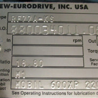 Sew Eurodrive RF77AKS Gearbox 18.80:1 Ratio 6900LbIn Torque 11/2" Shaft Dia