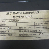 M.C Motion Control AG BAC118M30/3/RA 8.5 Nm Stall, 33 Nm Max Servo Motor Used