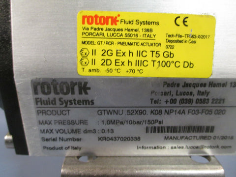 Rotork GT/RCR PNEUMATIC ACTUATOR GTWNU52X90K08NP14AF03505020