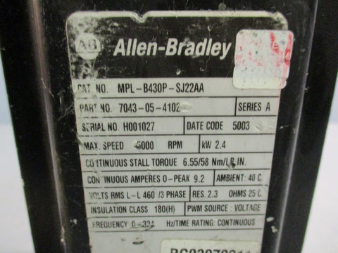 Allen-Bradley Kinetix MPL-B430P-SJ22AA SER.A AC Servo Motor, 2.4kW 5000 RPM