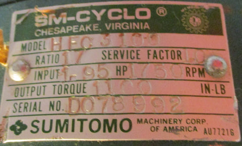 SmCyclo GearBox 17:1 Ratio 1100 In Lbs 1.95Hp 1750 Rpm
