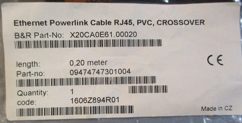 B&R X20CA0E61.00020 Ethernet Powerlink Cable RJ45, PVC, Crossover 0.20m Long