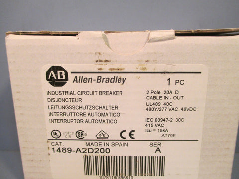 ALLENBRADLEY INDUSTRIAL CIRCUIT BREAKER 20A SER. A 1489A2D200