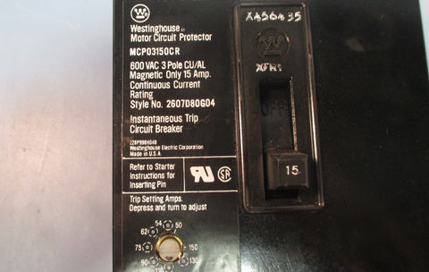 Westinghouse MCP03150CR 15A Motor Circuit Protector Breaker w/ Aux Wiring Used