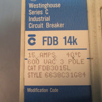 Westinghouse FDB3015L FDB15K 15A Circuit Breaker 3 Pole, Style 6638C31G84 Used