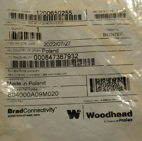 Brad Connectivity 1200650255 Receptacle 4Pin Female PVC Cord set Lot of 2