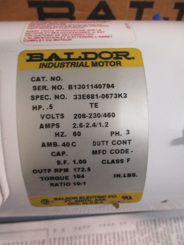 BALDOR RELLIANCE 33E681-0673K3 INDUSTRIAL MOTOR .5HP, 60HZ, 3 PHASE, TE