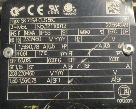 Nord Inverter Duty Motor SK71S/4 60Hz 1.15 Sf 0.33 Hp