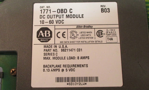 Allen Bradley 1771-OBD C Rev. B03 DC Output Module 10 - 60VDC Series C Used