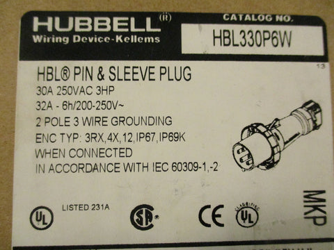 Hubbell HBL330P6W Pin And Sleeve Plug 30A 250VAC 3HP 2 Pole 3 Wire 6-1/2" Length