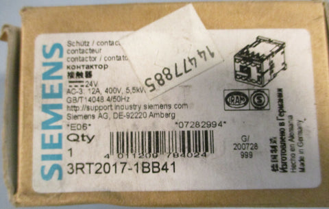 Siemens 3RT2017-1BB41 Contactor 24 VDC 12 A 400 V 5.5 kW 3 PH