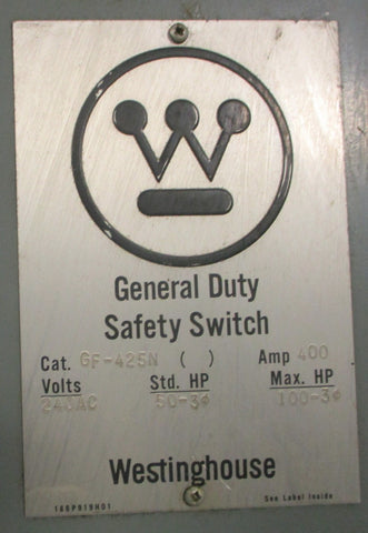 Westinghouse GF-425N General Duty Safety Switch 400A 240VAC 100HP Max 3PH GF425N