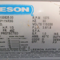 Leeson 100825.00 Electric Fan Motor A4P11NR3G 1075RPM 1/3HP 1PH 1/2" Shaft Dia