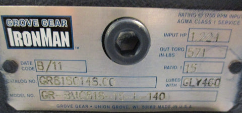 Grove Gear GRBMQ81815L140 Gearbox GR8180148.00 15:1 1.224 HP 7/8" Shaft Dia