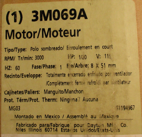 Dayton 3M069A Electric Motor 3000RPM 1/20HP 115V 1PH 5/16" Shaft Dia NOS