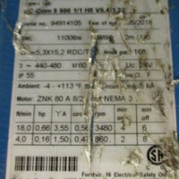 Demag DCCOM 5500 1/1 H5 V5.4/1.32 Electric Chain Hoist 1100lb 440480 VAC