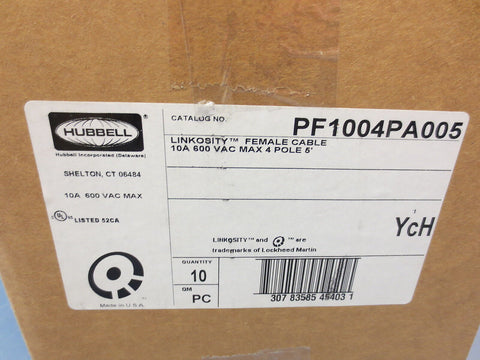 Box of 10 Hubbell Linkosity PF1004PA005 Female Cable 10A 600 VAC 4 Pole 5' New