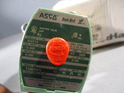 ASCO Red Hat Solenoid Valve 1/2" NPT, 24V DC Watertight Coil 8210G002