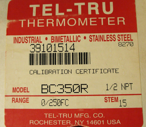 Tel Tru Thermometer BC35OR 1/2" Npt 15" Stem 0/250 Fc Adj Angle