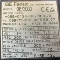 Fanuc A06B0128B577#7076 AC Servo Motor a6/3000 1.4 kW, 114 V Motor NWOB