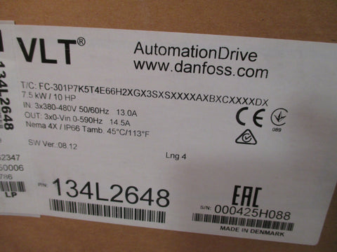 DANFOSS VLT AUTOMATIONDRIVE 7.5 kw 10HP 134L2648 FC3019P75T4E662XGX3SXSXSXXXXAX