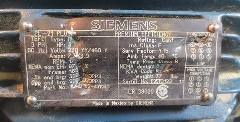 Siemens PE21 Plus 3 Ph AC Motor 3 HP 1735 RPM Type: RGZE P/N: 1LA01824YK30