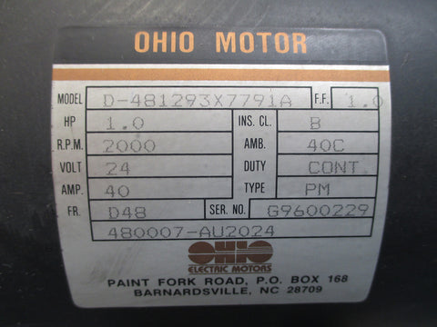 Tennant 01192 24 VDC Electric Motor 1 HP 2000 RPM D481293X7791A