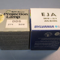 Lot of 2 projection lamps, General Electric multimirror DDS 80W, Sylvania EJA 1