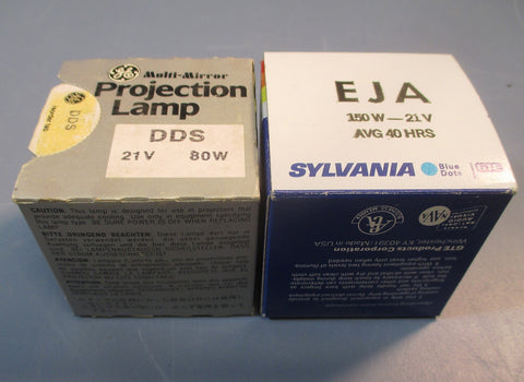 Lot of 2 projection lamps, General Electric multimirror DDS 80W, Sylvania EJA 1