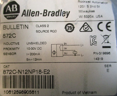 Allen Bradley 872CN12NP18E2 Inductive Proximity Sensor 1030VDC Sn=12mm 200mA