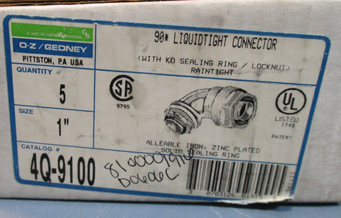 (5) OZ Gedney 4Q9100 90 Degree Conduit Connector Liquidtight Zinc Plated NIB