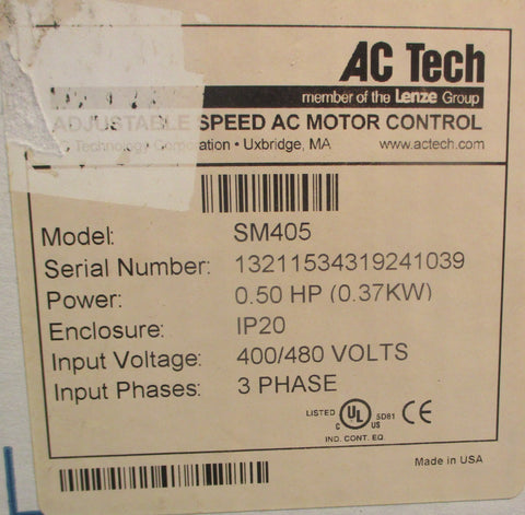 Lenze AC Tech SM405 Adjustable Speed AC Motor Control 400/480V 0.50HP 3PH